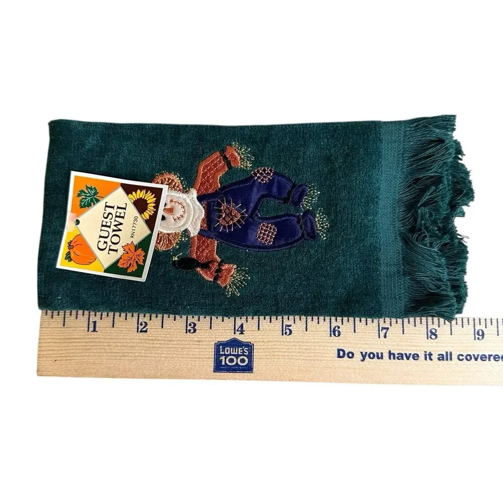 Vintage Harvest Fringe Fingertip Towel Green Scarecrow Fall Embroidered New